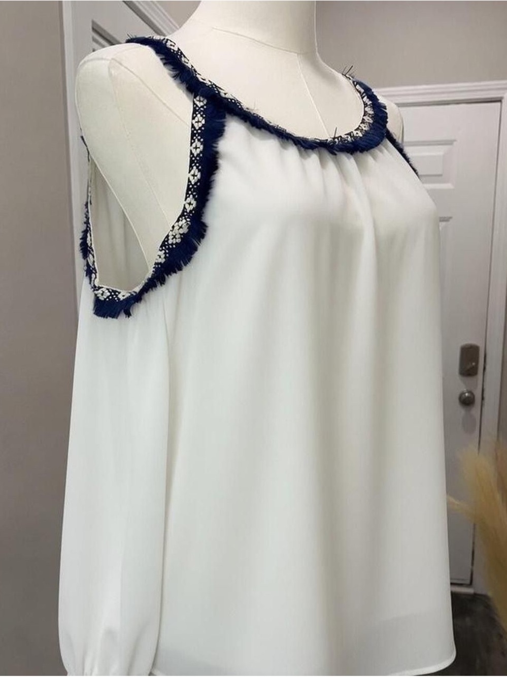 Women's White Cold-Shoulder Blouse with Navy Trim